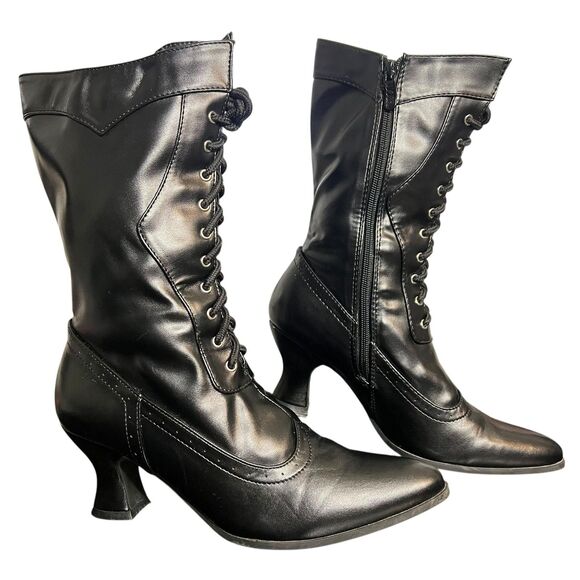 Ellie Victorian Lace Up Boots Womens Size 8 Black Side Zip Spool Heel Steampunk - Picture 13 of 14